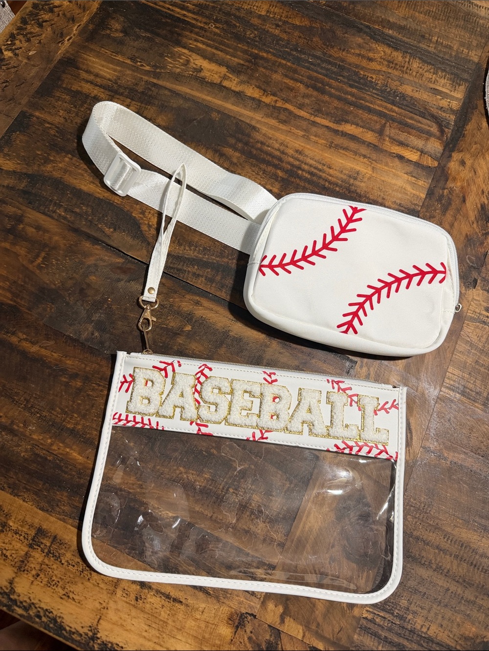 White Baseball Crossbody Bag and Clear Pouch - Baseball Design